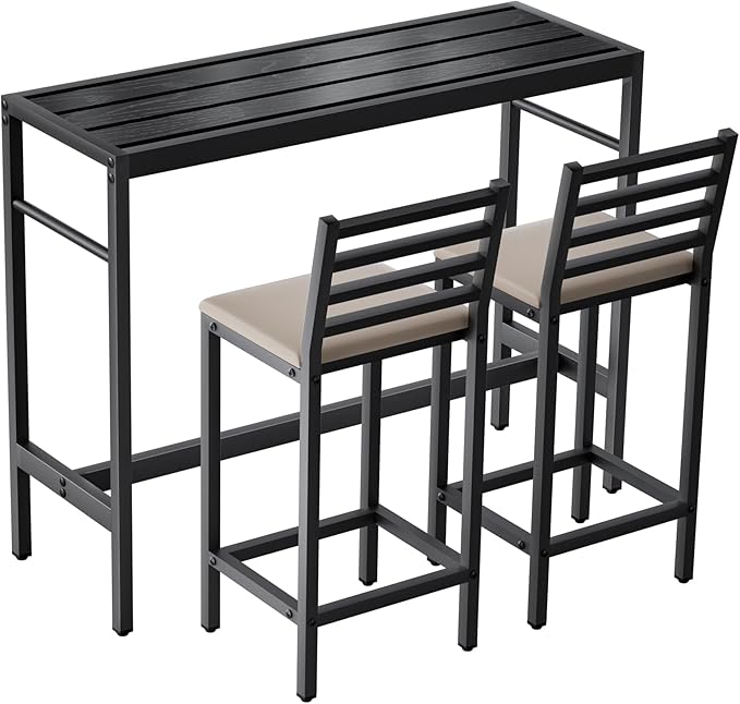 Outdoor Patio Bar Set 3 Piece,50" Rectangular Counter Height High Top Bar Tables, 2 Cushioned 41" Bar Stools, Metal Bar Table and Chairs Set for Poolside, Balcony, Backyard, Porch