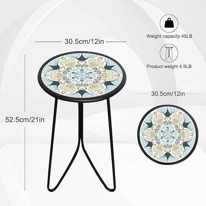 LIFFY Patio Side Table, 12" Outdoor Metal Side Table with Glass Top, Indoor Round Accent End Table for Living Room or Bedroom, Small Decorative Plant Stand Table for Garden Yard Balcony