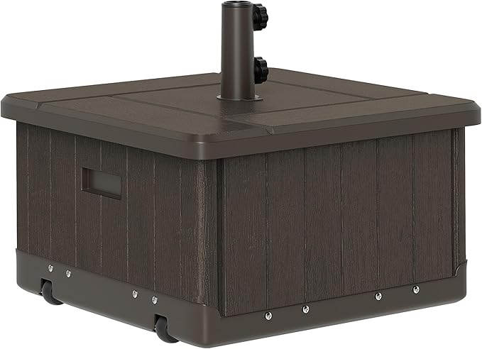 Outsunny 3-in-1 Outdoor Umbrella Base, Coffee End Table, Planter Box with Drain Hole, 175 lbs. Capacity Heavy Duty Fillable Patio Umbrella Stand Table with Wheels and Handles for Deck, Poolside, Brown