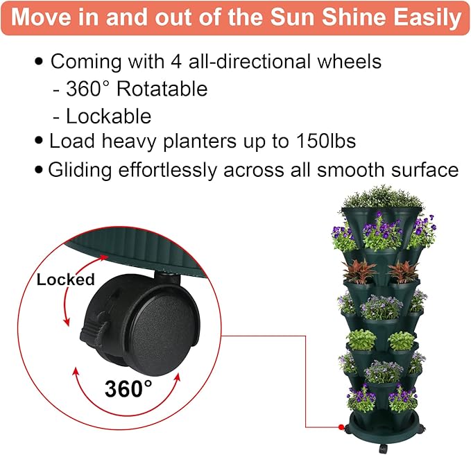 GameXcel Vertical Planter 7 Tier Stackable Planters Garden Planters Strawberry Herb Flower and Vegetable Planter Indoor Outdoor Gardening Pots with Removable Wheels and Tools 2-Pack