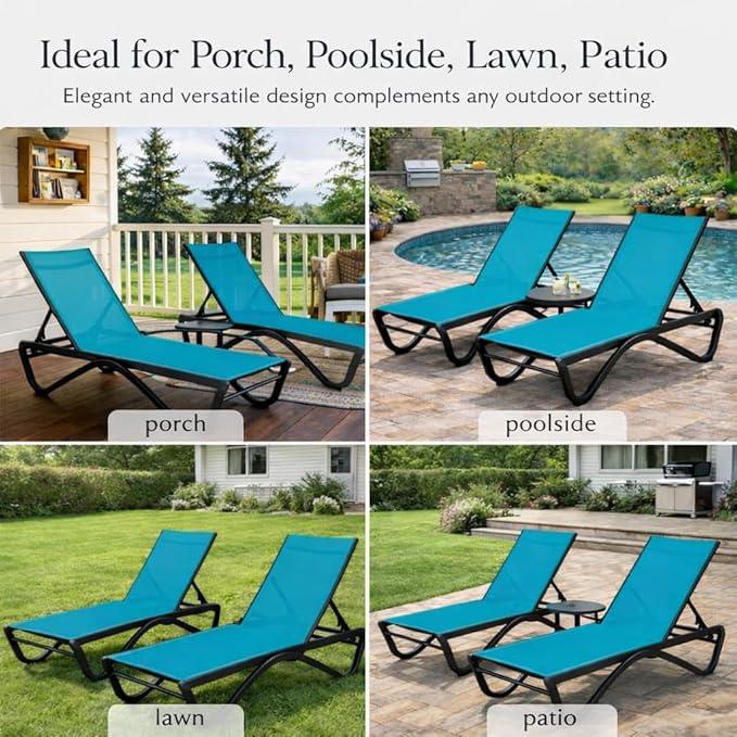 Kozyard Outdoor Chaise Lounge Chair, Full Aluminum Frame, Adjustable Reclining Patio Lounger for Poolside, Sunbathing & Backyard, Textilene (Aqua, 2Chairs + Table)