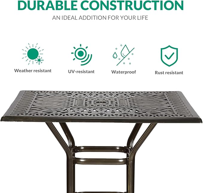 VIVIJASON 5-Piece Bar Height Patio Dining Set, Rust-Free Cast Aluminum Outdoor Table and Chairs Set with 4 Swivel Bar Stools, Cushions & 35.4" High Bar Table w/Umbrella Hole for Deck, Lawn, Garden