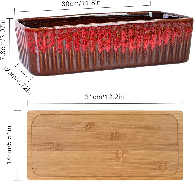 Succulent Pots - 12 Inch Large Succulent Planters with Drainage Tray, Window Sill Planter, Long Rectangle Ceramic Pots for Indoor Cactus Plants Shallow Bonsai Window Box for Home Garden Decor