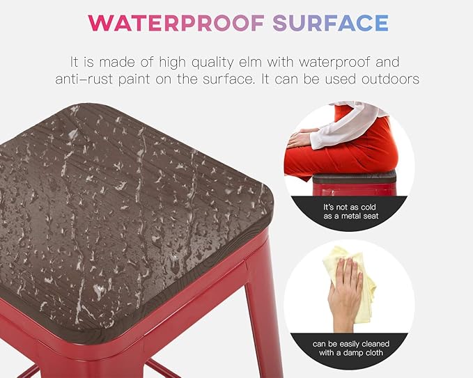 FDW Metal Bar Stools Counter Height Barstool Stackable Barstools Indoor Outdoor Patio Bar Stool Home Kitchen Dining Stool Backless Bar Chair (Red with Wood, 24")