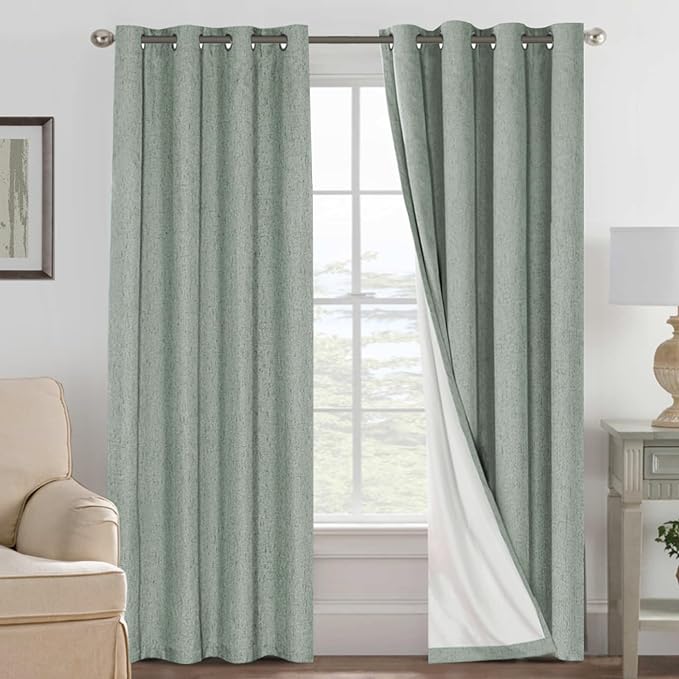 H.VERSAILTEX Linen Blackout Curtains 108 Inches Long 100% Blackout Thermal Insulated Textured Linen Look Curtain Draperies Anti-Rust Grommet, Energy Saving with White Liner, 2 Panels, Green Bay