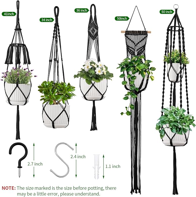 Macrame Plant Hangers, 5Pack Hanging Planters for Indoor Plants w/ 5 Set Hooks Handmade Cotton Rope Hanging Plant Holders Plant Hanger Indoor for Boho Home Decor (Planter Pot Not Included)