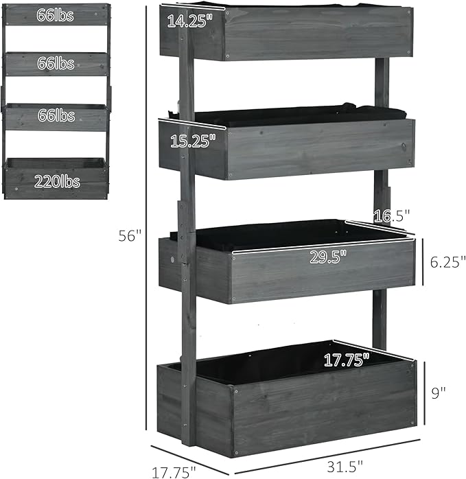 Outsunny Vertical 4 Tier Raised Garden Bed, Wooden Planter Box, Self-Draining with Bed Liner for Indoor Outdoor Flowers, Vegetables and Herbs, Gray