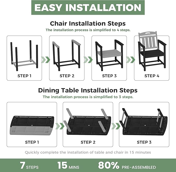 HDPE Outdoor Dining Set, Patio Table and Chairs Set, All-Weather 7-Piece Outside Table and 6 Chairs, 2" Umbrella Hole, Outdoor Furniture for Garden, Poolside, Backyard, Deck | Black
