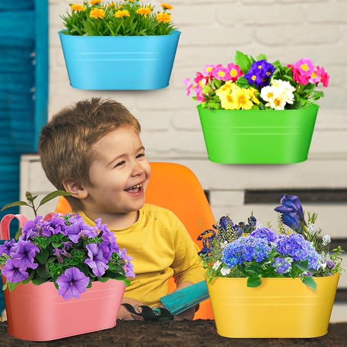 MADHOLLY Railing Planter with Drainage Holes - Sturdy Bucket Pots for Railing Fence, Countryside Style Metal Flower Pots for Herbs Balcony Garden Yard Decor, 4Pcs, Colorful