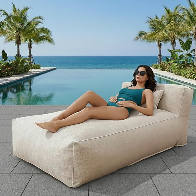 Outdoor Bean Bag Lounger Chair, Big Comfy Outdoor Daybed for Sunbathing and Tanning - Water-Resistant Patio Chaise and Pool Sun Lounger Furniture for Beach Deck (Light Beige)