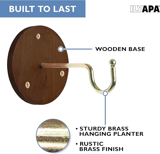 Ilyapa 3 Pack Metal Wall Plant Hangers - 5 Inch Plant Hanger for Indoor - Rustic Brass Finish Hooks for Hanging Plants, Baskets, and Macrame - Indoor Hangers for Plants, Lanterns or Wind Chimes