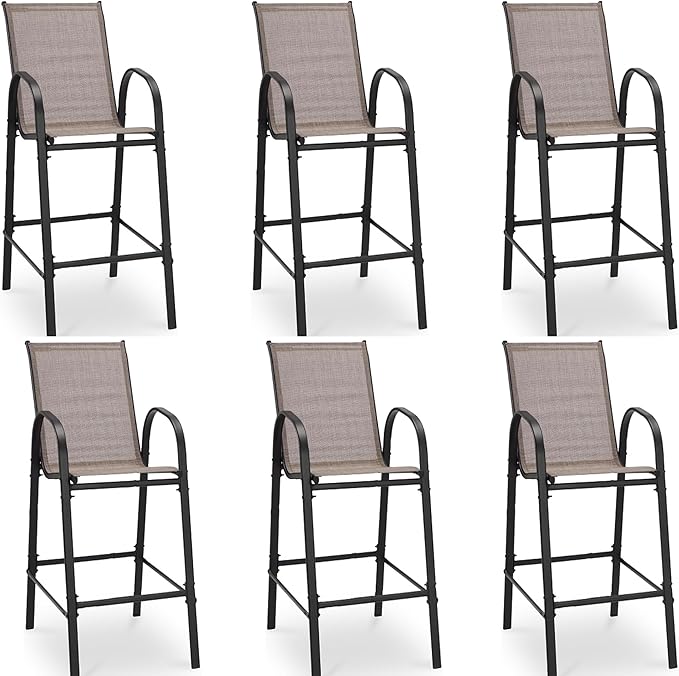 HOMREST Outdoor Bar Height Stools Set of 6,High Back Patio Chairs with Armrests,Textilene Chairs with Breathable Fabric & Metal Frame for All Weather,Taupe