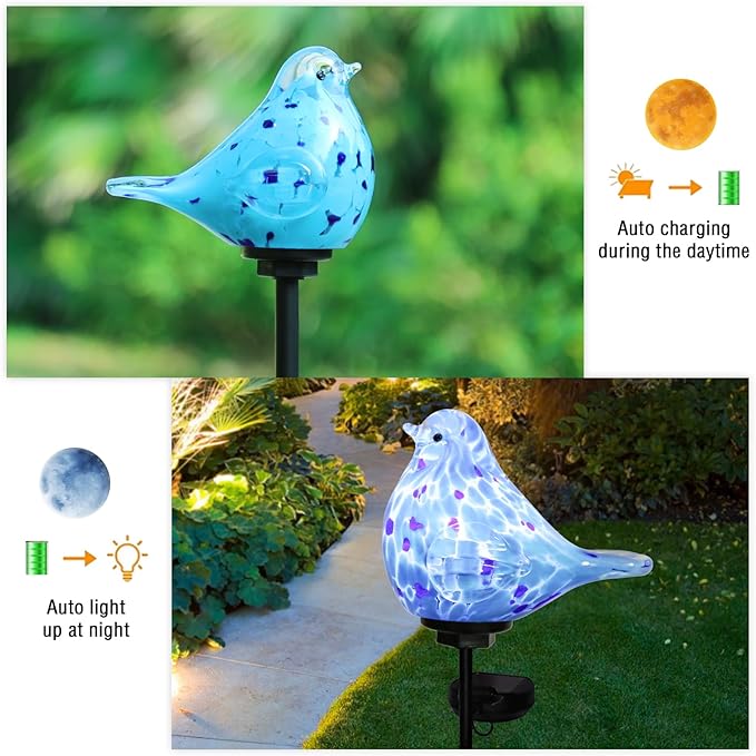 Bshine Solar Garden Decoration Outdoor Bluebird Lights, Hand Blown Glass Waterproof Solar Light Stake Decorate Paths, Pathways, Lawns and Yards Art for Mom Gifts