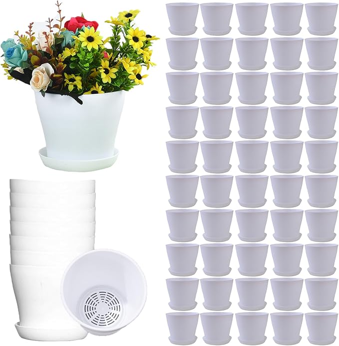 Tergy 50 Pack 4 Inch Plant Pots Bulk Small Plastic Planters Pots with Drainage Holes Flower Pot for Succulent, Cactus, Herb, African Violet (50pcs-White, 4Inches)