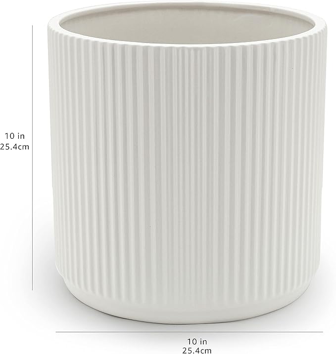 Amazon Basics Fluted Ceramic Round Planter with Drainage Hole, Indoor Outdoor Flower Pot, 10-inch, White