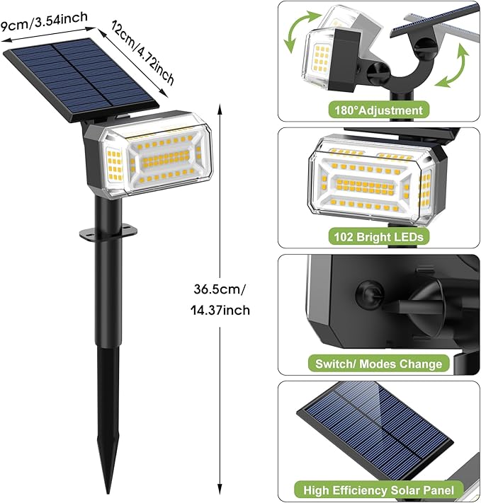 Solar Spot Lights Outdoor, 102 LED Solar Garden Yard Spotlight Waterproof Landscape Flood Powered Lights with Adjustable Light & Panel, 4 Lighting Modes for Pathway Driveway, 4 Pack(Warm White)