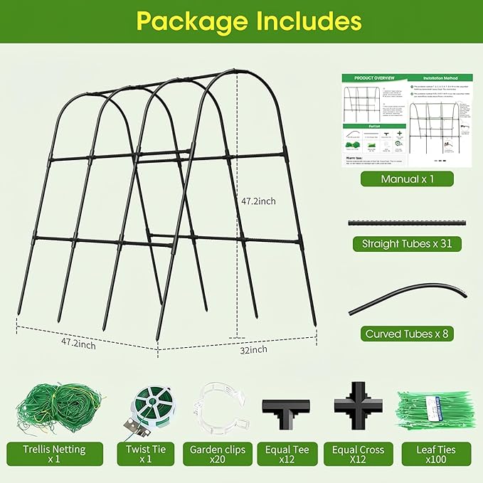 Cucumber Trellis for Raised Bed,U-Shape Garden Trellis for Climbing Plants Outdoor, Metal Arch Vegetables Trellis, Plant Support for Vine (Black, 47.2" Lx21.6 WX47.2 H-Medium)