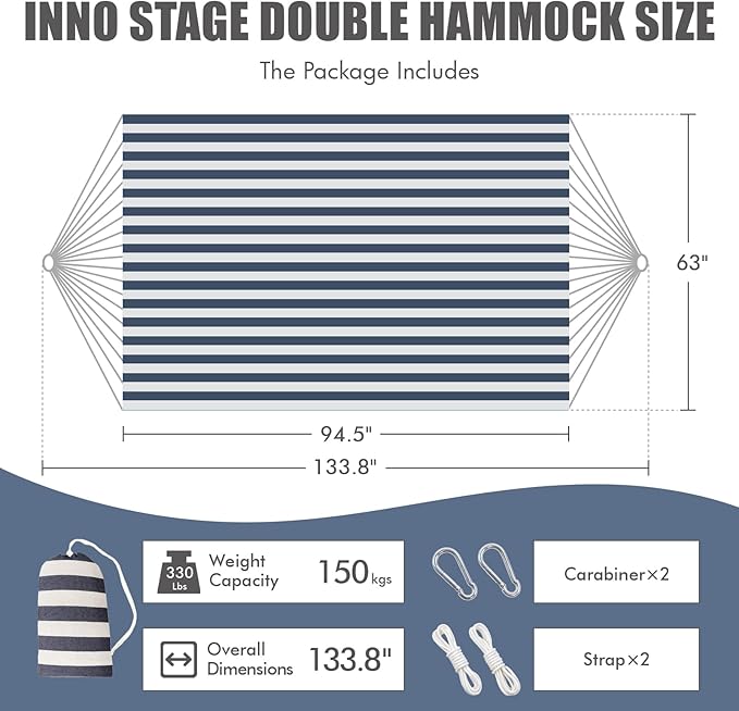 INNO STAGE Double Hammock with Tree Straps - Extra Large 2 Persons Hammock Portable Hanging Camping Bed for Patio, Backyard, Porch, Outdoor and Indoor Use - Soft Canvas Hammock with Carrying Bag
