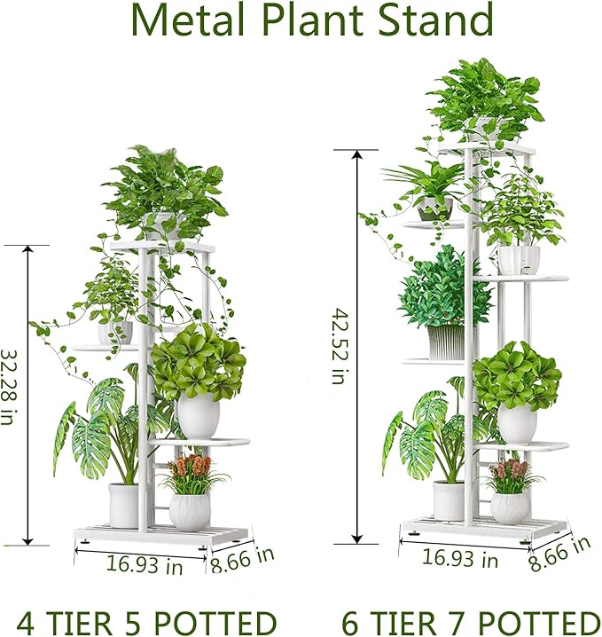 LINZINAR Plant Stand Indoor Outdoor Metal 4 Tier 5 Potted Multiple Flower Pot Holder Shelf Planter Display Shelving Unit for Patio Garden Corner Balcony Living Room (4 Tier 5 Potted, White)