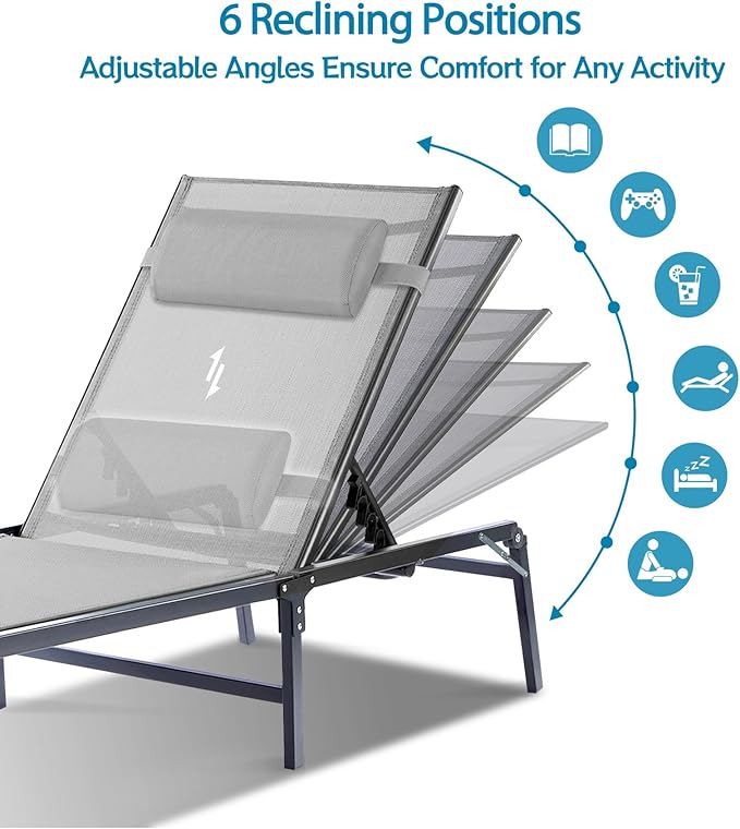 2 Pack Foldable Chaise Lounge Chair with Cup Holder, Assemble-Free Outdoor Lounge Chair with Detachable Pillow and 6 Adjustable Backrest, Patio Lounge Chair for Outside Poolside Beach Pool, Grey