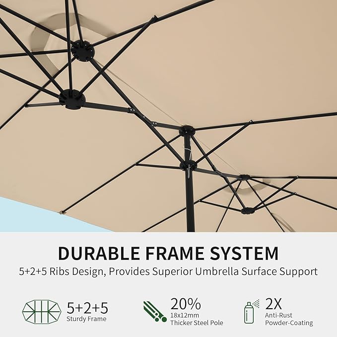 OLILAWN Patio Table Umbrella, 15ft Large Deck Umbrella with Base Included, Outdoor Double-Sided Rectangle Market Umbrella with Aluminium Crank, 12 Sturdy Ribs, for Deck Porch Garden, Cream