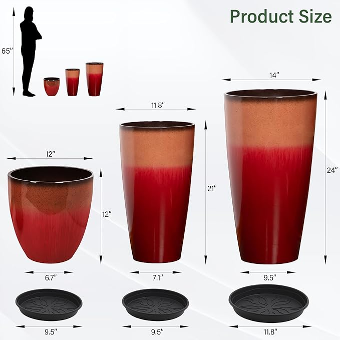 24/21/12 Inch Large Plastic Planter, Lightweight Ceramic-Look Tall Planters with Drain Hole & Saucers, Tall Plastic Planters for Porch, Garden, Patio, Balcony(Fiery Red)
