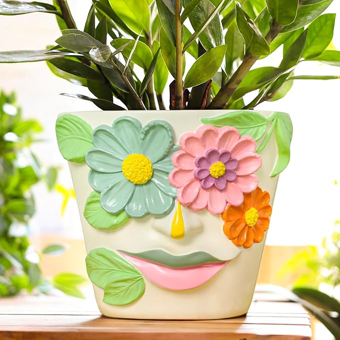 GUGUGO 8 Inch Large Flower Face Planters, Abstract Unique Head Plant Pot with Drainage, Rainbow Colorful Cute Flower Plant Pots for Indoor Plants, Funny Gardening Pot Gift Home Décor, Blue&Pink