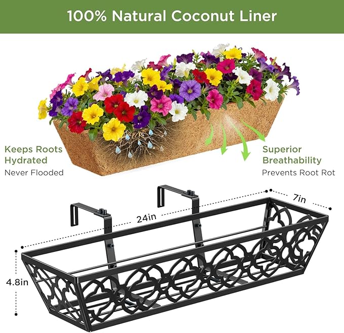 HFHOME 24 Inch Window Deck with Coco Liner, 24" Window Boxes Horse Trough with Coconut Coir Liner, Black Metal Hanging Flower Planter Basket Railing Planter for Outdoor Indoor Lawn - 2 Pack
