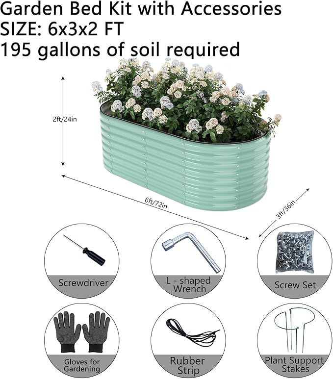 Garden Box Raised Flower Bed Galvanized Metal Planter Round Raised Garden Bed Kit for Gardening Outdoor 1PC Green 6X3X2FT
