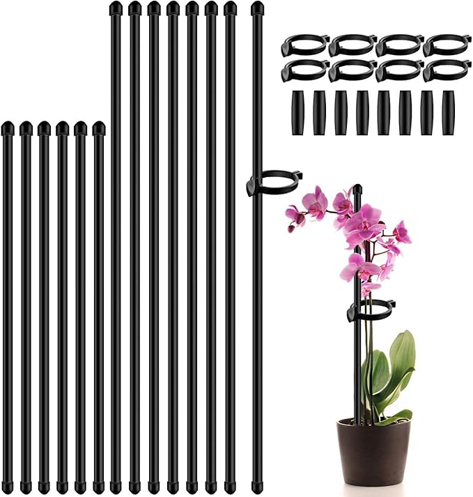 Plant Stakes 17inch &11inch SupKing Adjustable Length Plant Support Stake 16Pcs Orchid Sticks with Clips for Indoor Outdoor,Garden Poles for Potted Tomato Amaryllis Vegetables with 20 Ties (Black)