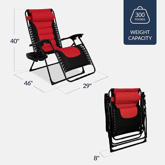 Best Choice Products Oversized Padded Zero Gravity Chair, Folding Outdoor Patio Recliner, XL Anti Gravity Lounger for Backyard w/Headrest, Cup Holder, Side Tray, Polyester Mesh - Red