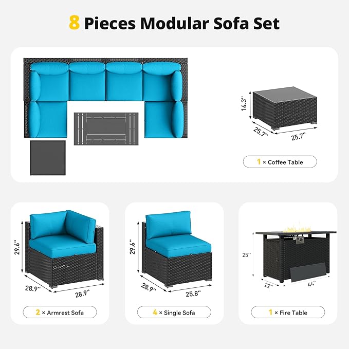 Aoxun Patio Furniture Set with Fire Pit Table, 8 Piece Outdoor Sectional Sofas, Wicker Rattan Outdoor Furniture with Thickened Cushion for Backyard, Garden Peacock Blue