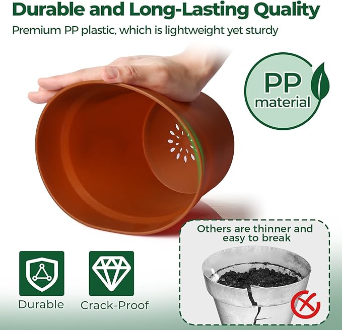 T4U 7.5 Inch Plant Pots 6 Pcs, Flower Pots for Plants, Plastic Planter Pots for Indoor Plants with Drainage Holes and Saucer (6 Pcs, 7.5")