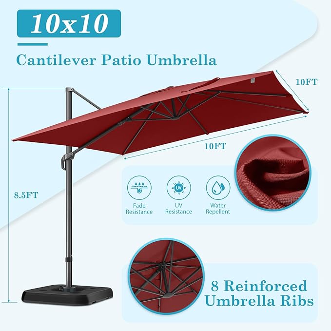 HOTEEL10x10ft Patio Umbrella Cantilever Umbrellas - Upgrade and Intensify - 360 Rotation and 5 Angles Adjustment - Aluminum Offset Pool Umbrella Outdoor Umbrellas for Patio Garden Pool