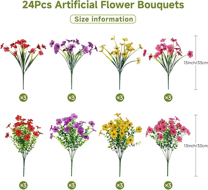Alupssuc 24 Bundles Artificial Flowers for Outdoors Decoration, UV Resistant Silk Faux Daisy Flora Spring Fake Plastic Plants Greenery for Outside Indoor Yard Home Porch Window Box Decor, Mix 4 Colors