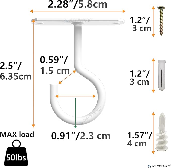 NACETURE Ceiling Hooks Heavy Duty 2 Pack - Plant Hooks for Ceiling Hanging Hook for Hanging Basket Hook, Light, Bird Feeders, Wind Chimes Décor Indoor & Outdoor (White, 2.5 Inch 2 Pack)
