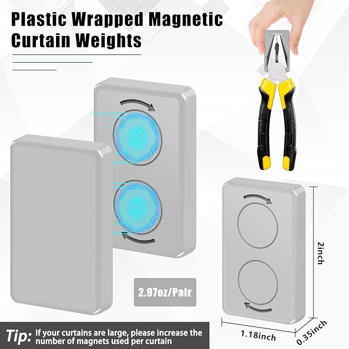 18pcs Outdoor Curtain Weights, Plastic Wrapped Magnetic Drapery Weights, Waterproof Heavy Duty Curtain Magnets for Heavy Wind, Outside Curtain, Shower Curtain, Tablecloth, Flag (Grey)
