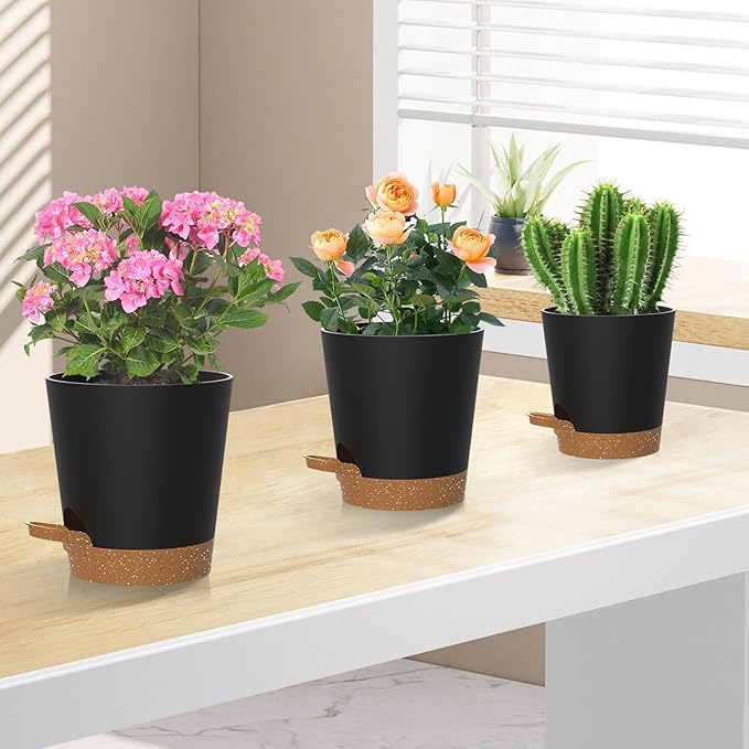 Self Watering Pots, 7/6.5/6/5.5/5/4 inch Flower Pots with Multi Mesh Drainage Holes, Small Platic Planters for Indoor Outdoor Garden Plants and Flowers (Black with Brown Tray, 7"+6.5"+6"+5.5"+5"+4")