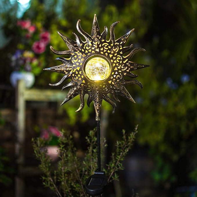TAKE ME Sun Solar Lights Outdoor Waterproof Metal Garden Stakes for Patio Yard Walkway LawnPatio Mothers Gifts Mom Wife Grandma (Sun)