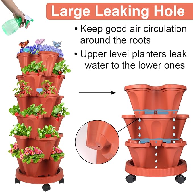 GameXcel Vertical Planter, 6 Tier Stackable Strawberry Planter with Garden Tool Set, Movable Indoor/Outdoor Garden Herb Pot for Growing Vegetables and Succulents, Red