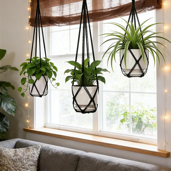 YIBOT 3 Pack Black Macrame Plant Hanger Indoor Hanging Planter Basket with 3 Hooks, 35"/29"/23" Crochet Plant Holder Stand No Tassels for Indoor Outdoor Boho Home Decor (POTS NOT Included)