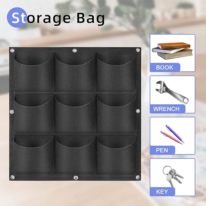 9 Pockets Hanging Planter Bags, Hanging Vertical Wall Mounted Plant Planting Grow Bags, Herb Garden Planter Outdoor Indoor Growing Bag, Gardening Vertical Greening Flower Container(0.5m×0.5m, Black)