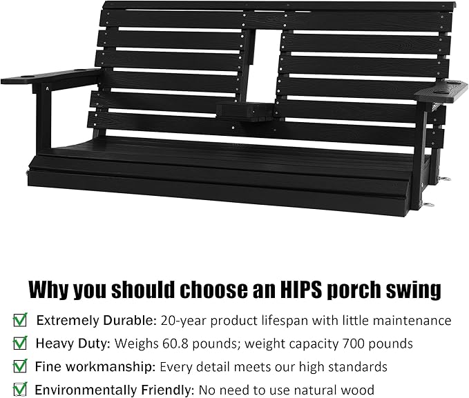 Poly Lumber 2-Seat Porch Swing, HIPS 4.5-Feet Bench Swing with Foldable Cup Holders,18/8 Stainless Steel Hardware, High Backrest and Deep Contoured Seat (Carbon Black, 4.5-feet)