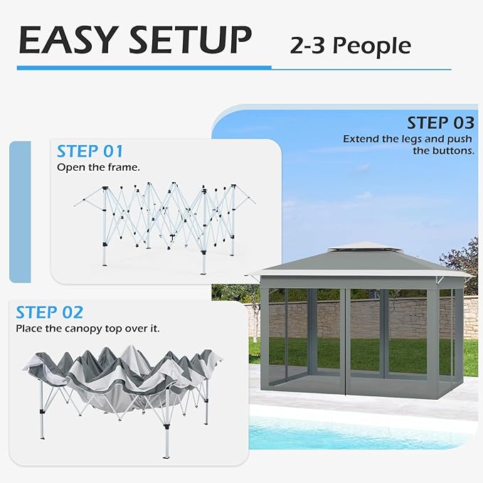 ECOTOUGE Pop Up Canopy Tent with Mosquito Nettings, Instant Shelte gazebos on Clearance w/Carrying Roller Bag, Waterproof and UV Resistant Canopy Tent for Grill, Garden and Backyard(Grey-White,11FT)