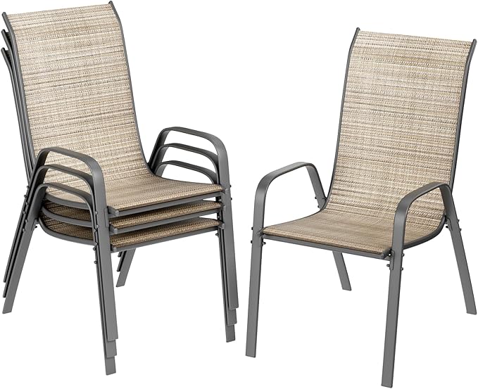 TLSUNNY Patio Chairs, Stackable Textilene Outdoor Dining Furniture for All Weather, with 17.7″ Wide Seat & Metal Frame, for Garden, Backyard, Deck, Restaurant, Poolside (4, Brown, 26.4″)