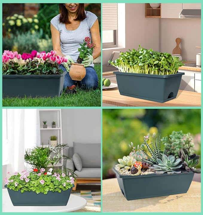 Window Box Planter, 7 Pack Plastic Vegetable Flower Planters Boxes 17 Inches Rectangular Flower Pots with Saucers for Indoor Outdoor Garden, Patio, Home Decor