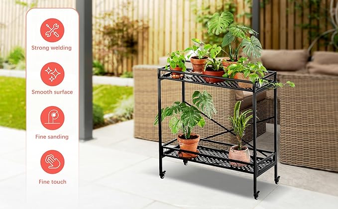 Zhongma 2 Tier Sturdy Metal Plant Stand with Wheels, 36.6x16x39.4 Inch High, Heavy Duty Succulent Shelf for Home Indoor and Outdoor, 440 LBS Capacity & Heavy Duty Construction