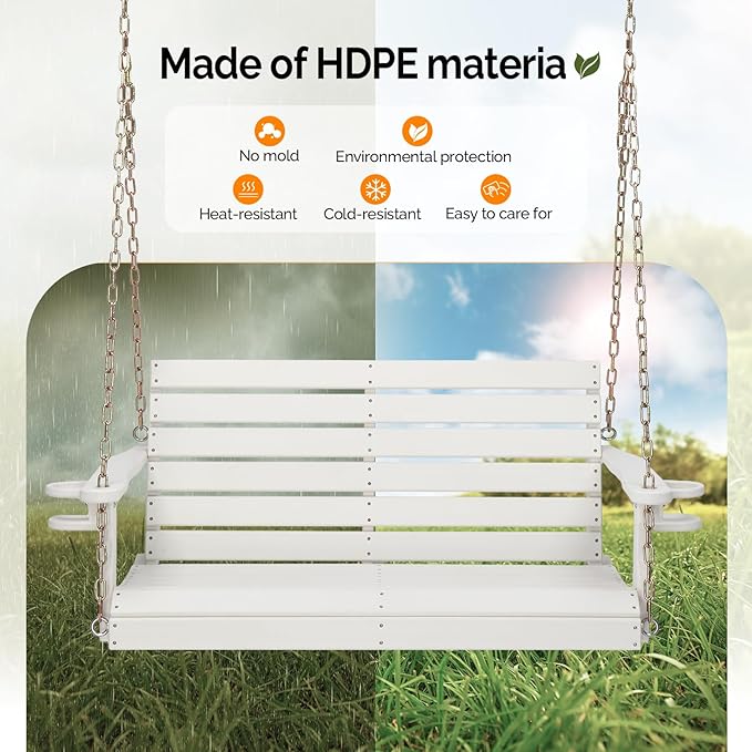 VINGLI Heavy Duty 1600 LBS HDPE Porch Swing Outdoor with Rotatable Cup Holder, 4 FT Patio Bench Swing with Adjustable Chains, 2 Person Hanging Porch Swing Chair for Porch, Yard, Tree, Garden - White