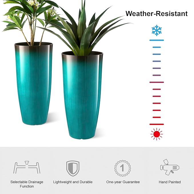 Glitzhome 30" H Tall Outdoor Planter, Set of 2 Large Tall Planters with Gradient Turquoise Faux Ceramic Finish, Plastic Large Flower Pots for Porch Garden Indoor All Season Decor,with Drainage Holes