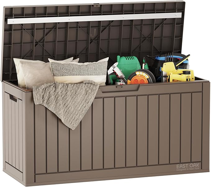 EAST OAK Outdoor Storage Box, 60 Gallon Deck Box Indoor and Outdoor Use, Waterproof Resin Storage Bin for Patio Cushions, Gardening Tools, Lockable, UV Resistant, Brown